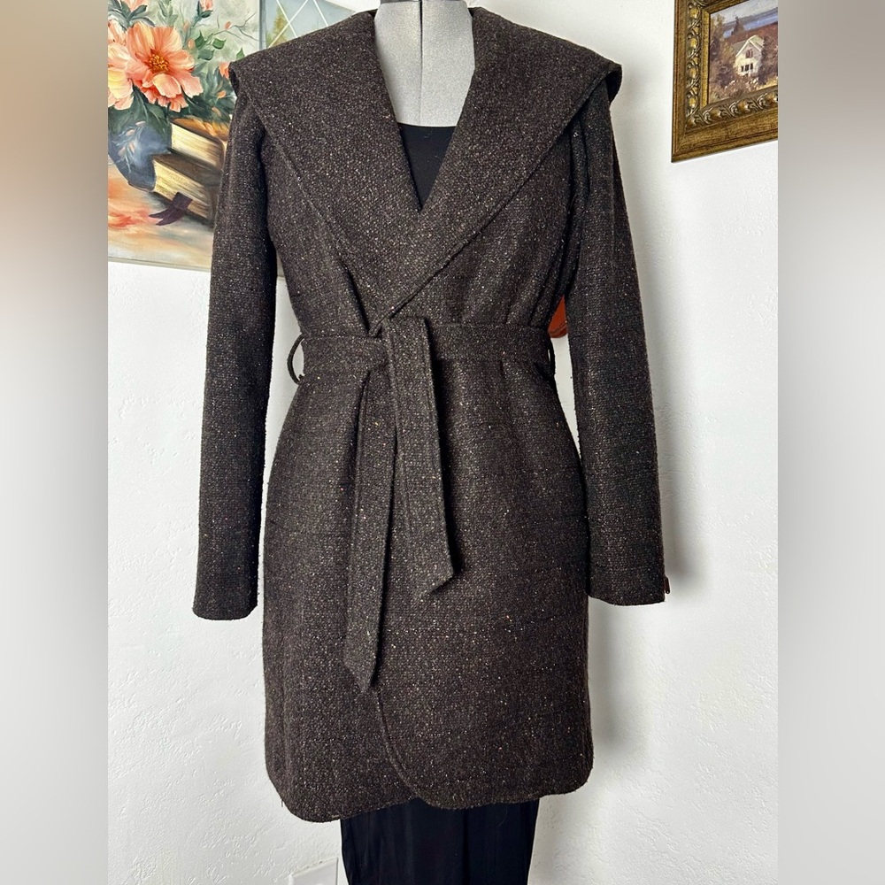 ✨Wool-Blend Brown Wrap Coat with hood and Belt